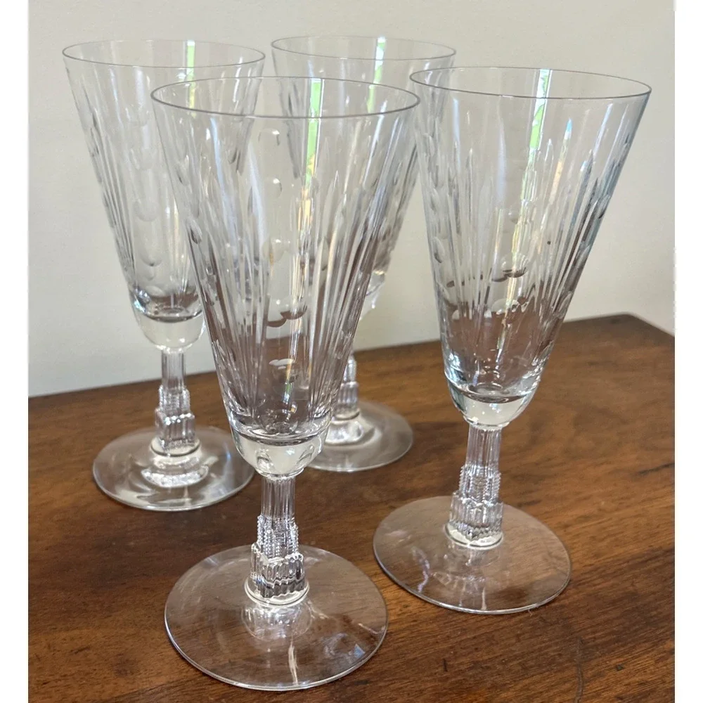 4 Libby Elegant Glass Lucerne Art Deco 7 3/8” Wine Water Glass NYC Skyscraper